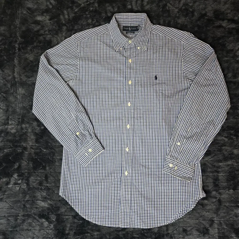 Polo Ralph Lauren Button Down Mens 15 32/33 White & Blue Long Sleeve Pony Logo